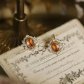 Gold Tone Amber Oval Stud Earrings Clear Marquise Halo Frame view 5