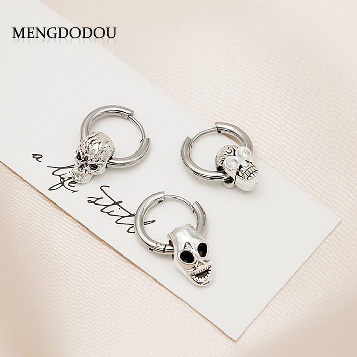 Silver Skull Huggie Hoop Earrings Punk Metal Charm