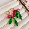 Pink and Green Glass Leaf Cluster Huggie Earrings With Metal Details view 4