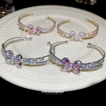 Butterfly Crystal Open Cuff Bracelet Dual Bar 3 Styles