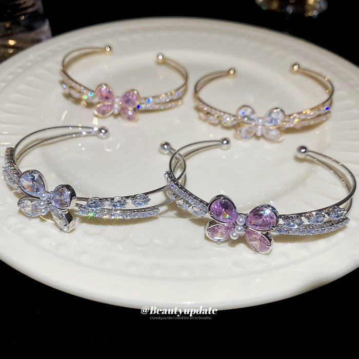 Butterfly Crystal Open Cuff Bracelet Dual Bar 3 Styles