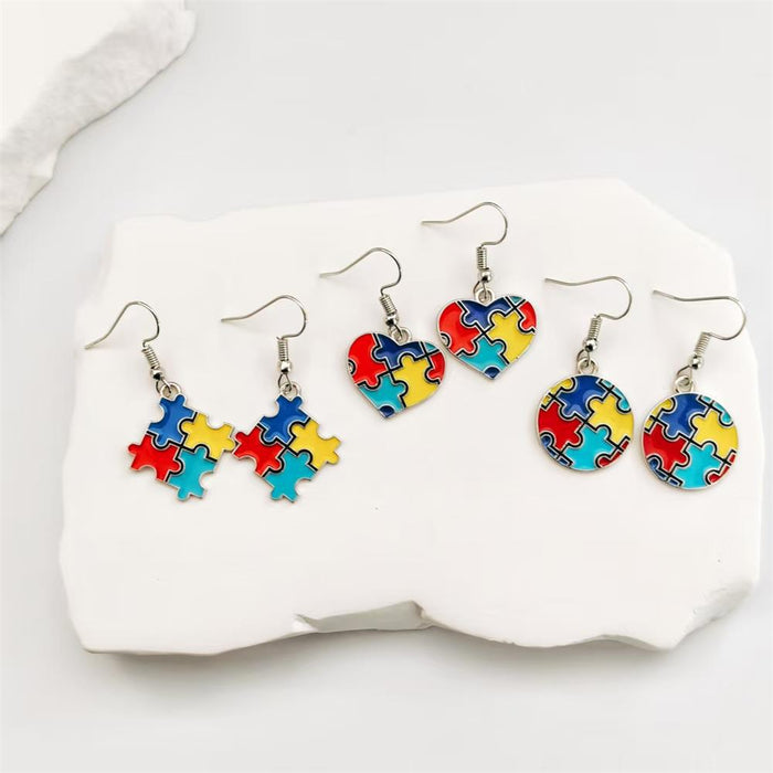 Multicolor Enamel Puzzle Piece Drop Earrings 3 Styles