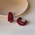 Wine Red Velvet Flocked Round And Triple Band Hoop Earrings view 7