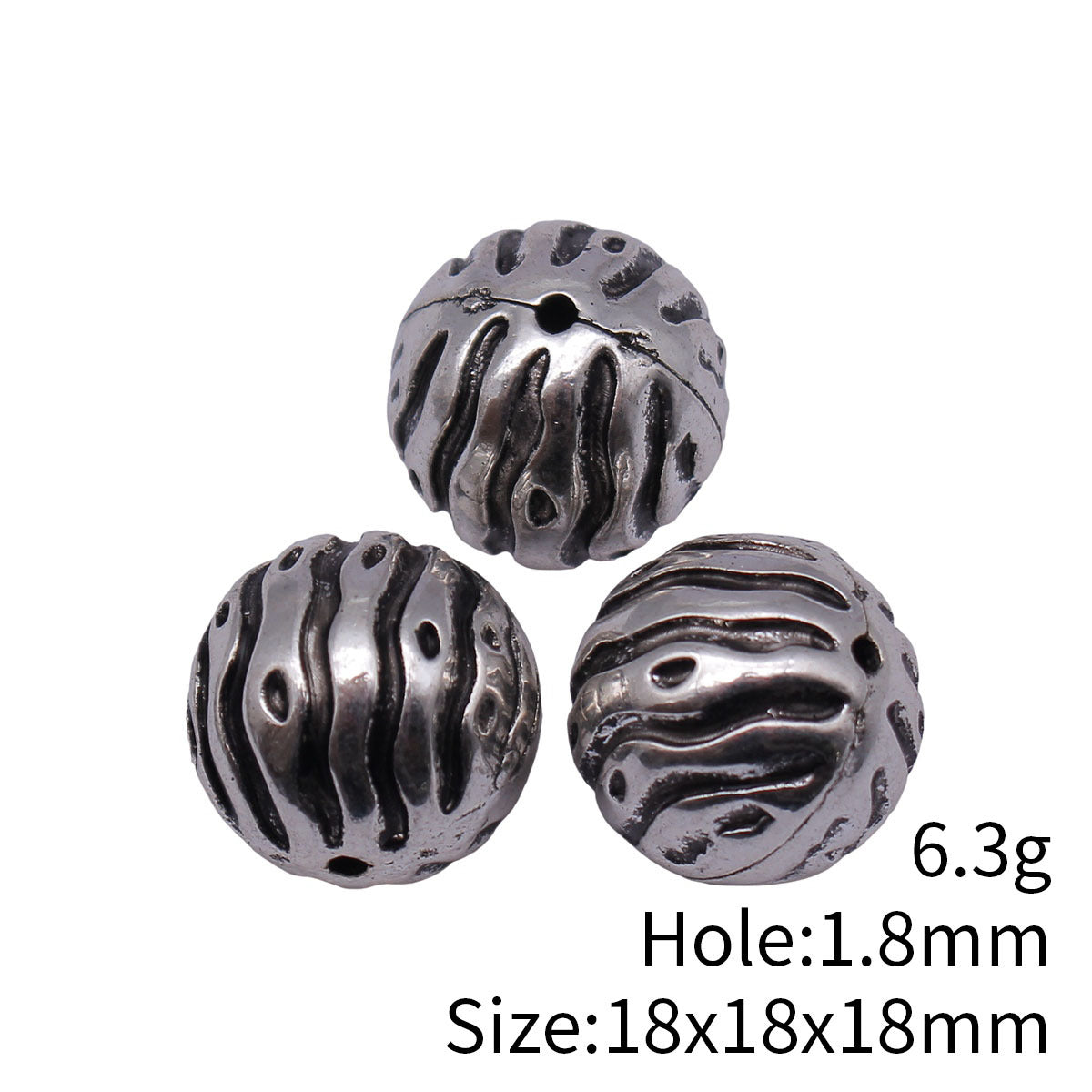 18x18x18mm 6.3g Antique Silver Zinc Alloy Wave Pattern Round Loose Metal Beads for DIY Jewelry Making