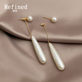Gold Tone Pearl Like Long Teardrop Chain Stud Earrings view 3
