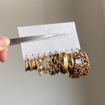 Leopard Pearl and Gold Hoop Stud Earring Set with Polished Details