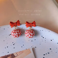 Red Bow Stud Red White Gingham Fabric Ball Drop Earrings view 6