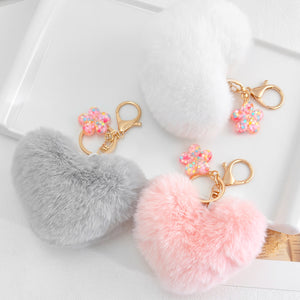 Faux Fur Pom-Pom Keychain with Glitter Flower, Heart or Ball