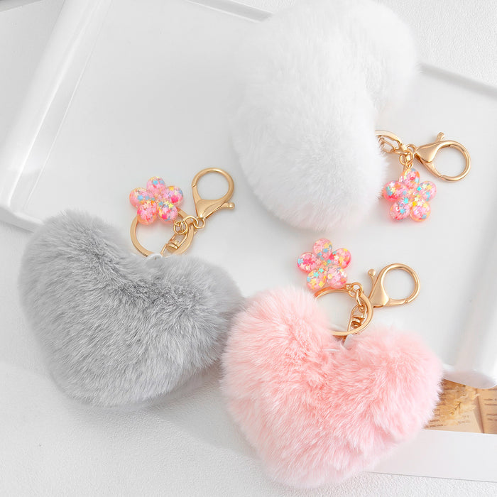 Fluffy Faux Fur Pom Pom Keychain with Glitter Flower Charm