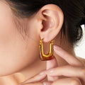 Gold Amber Resin U-Shape Hoop Earrings Copper Metal Frame view 2