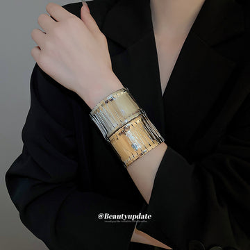 Wide Open Metal Cuff Bangle Diagonal Slat Gold Tone