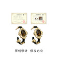 Gold Tone Black Enamel Brown Oval Stone Huggie Hoop Earrings view 3