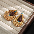 Woven Teardrop Brown Center Turquoise Bead Hook Earrings view 2