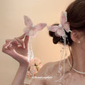 Green Pink Or Blue Sheer Butterfly Hair Clip With Long Bead Chains view 3