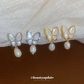Butterfly and Pearl Drop Ear Clips in Gold and Silver view 1