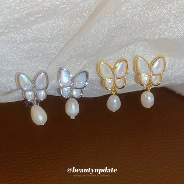 Butterfly and Pearl Drop Ear Clips in Gold and Silver