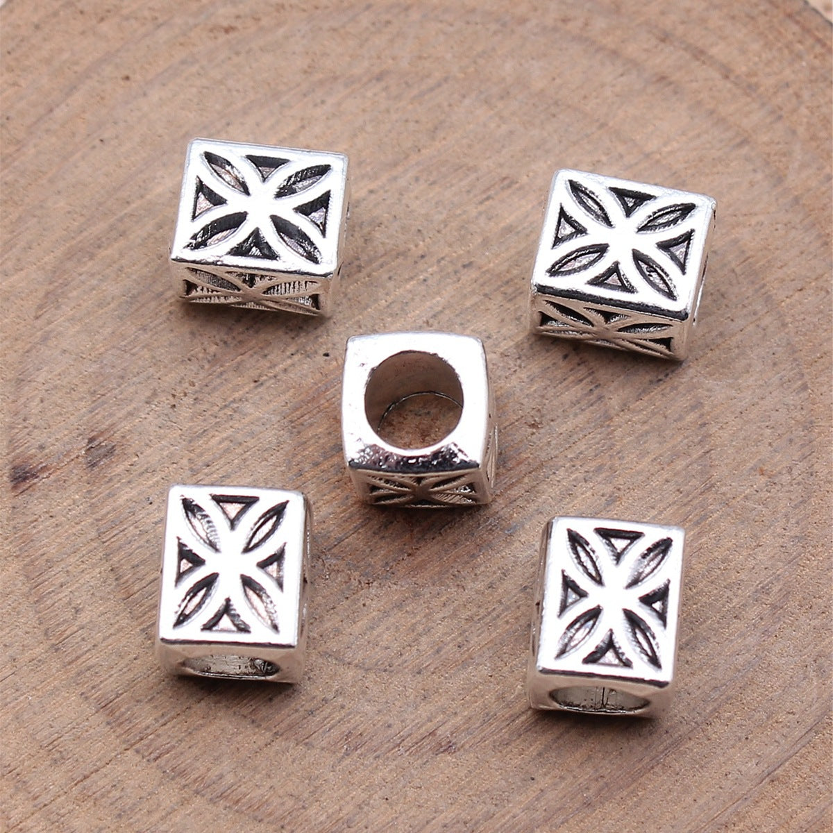 7x7x9mm 1.4g Antique Silver Zinc Alloy Square Pattern Large Hole Spacer Beads for Bracelet Making