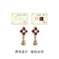 Wine Red Enamel Flower Stud Earrings With Gold Gourd Dangles view 3