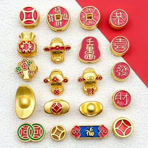 Chinese Lucky Coin Enamel Spacer Beads in Matte Gold-Tone Zinc Alloy