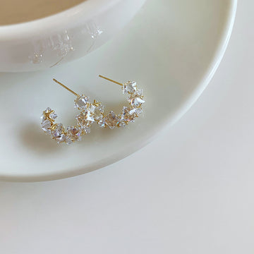 Silver Tone Crystal Crescent Curve Stud Earrings Jewelry Pair