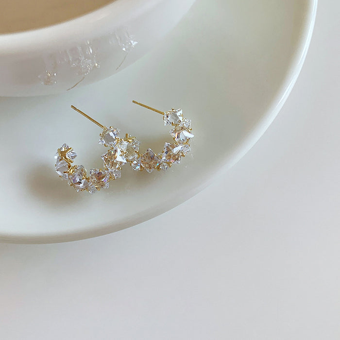 Silver Tone Crystal Crescent Curve Stud Earrings Jewelry Pair