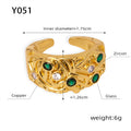 Gold Open Ring Embossed Band Green Glass Clear Stones view 6