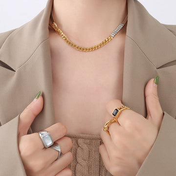 Herringbone Cuban Toggle Necklace With Baguette Zircon Bar