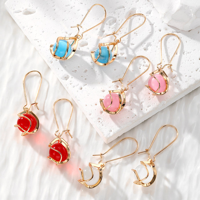 Gold Wire Cage Round Bead Dangle Earrings 4 Color Styles