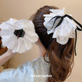 White Eyelet Fabric Flower Hair Claws Pearl Black Bow view 3