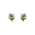 White Flower Green Stem And Pink Center Stud Earrings For Women view 5