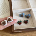 Fabric Heart Stud Earrings with Green Bear or Ivory Heart view 3