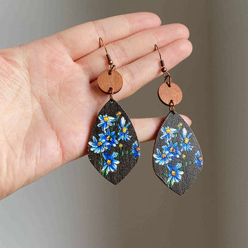 Blue Daisy Floral Print Wooden Teardrop Hook Earrings