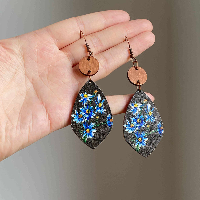 Blue Daisy Floral Print Wooden Teardrop Hook Earrings
