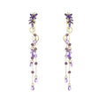 Purple Floral Vine Gold Tone Long Dangle Stud Earrings view 5