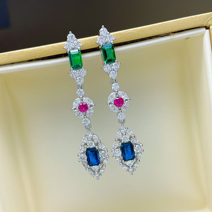 White Metal Multicolor Gem Geometric Long Drop Earrings