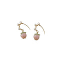 Gold Tone White Pearl Arc And Pink Rosebud Drop Earrings view 5