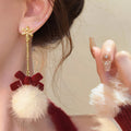 Snowflake Bow And Faux Fur Pom Pom Drop Earrings Matching Jewelry Pair view 3