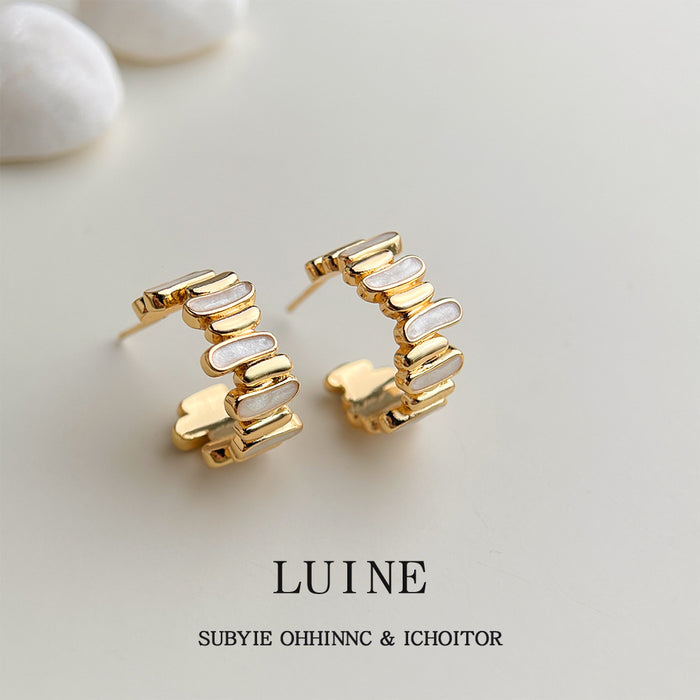 Gold Tone White Rectangular Block Chunky Huggie Hoop Earrings