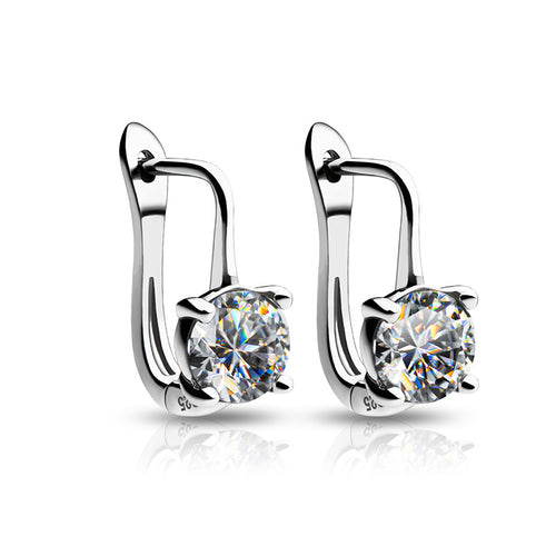White gold round clear stone lever-back huggie earrings on white
