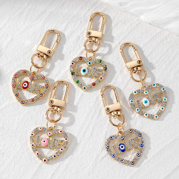 Gold Tone Rhinestone LOVE Heart Evil Eye Clip Keychains