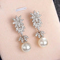 White Gold Tone Crystal Flower Leaf Faux Pearl Drop Earrings view 3