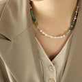 Silver Tone Pearl Green Stone Beaded Necklace Adjustable Chain view 4