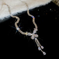 Silver Butterfly Rhinestone Necklace Matching Tassel Earrings view 6
