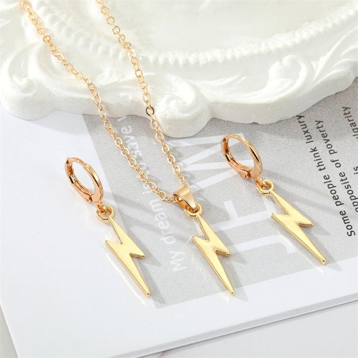 Silver Tone Long Lightning Bolt Necklace and Huggie Earrings