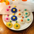 Five Color Woven Daisy Circle Dangle Stud Earrings view 1