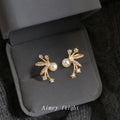 Gold Tone Clear Stone Branch And White Pearl Stud Earrings view 1