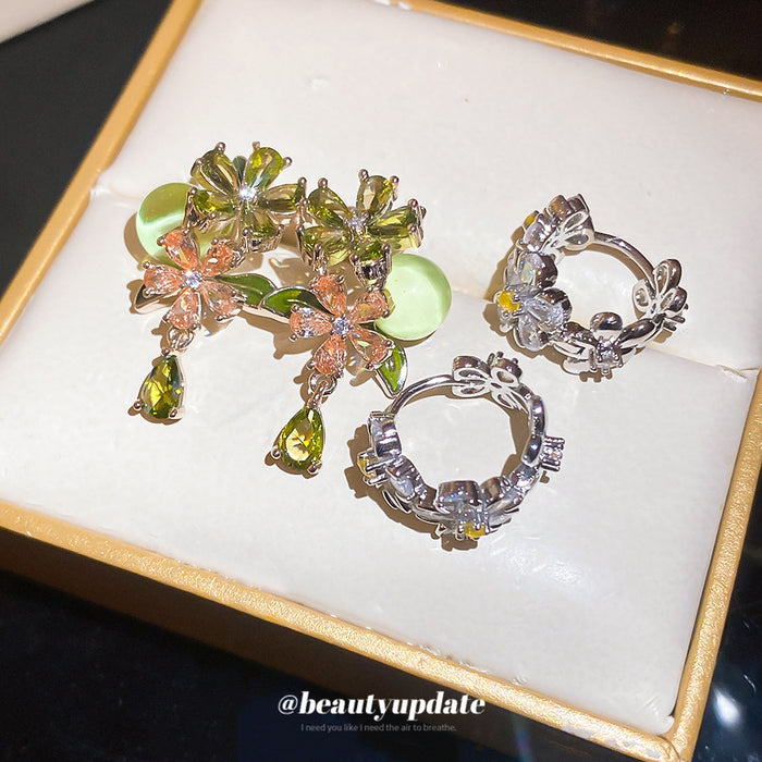 Floral Crystal Drop Earrings in Silver or Green Gold Tone