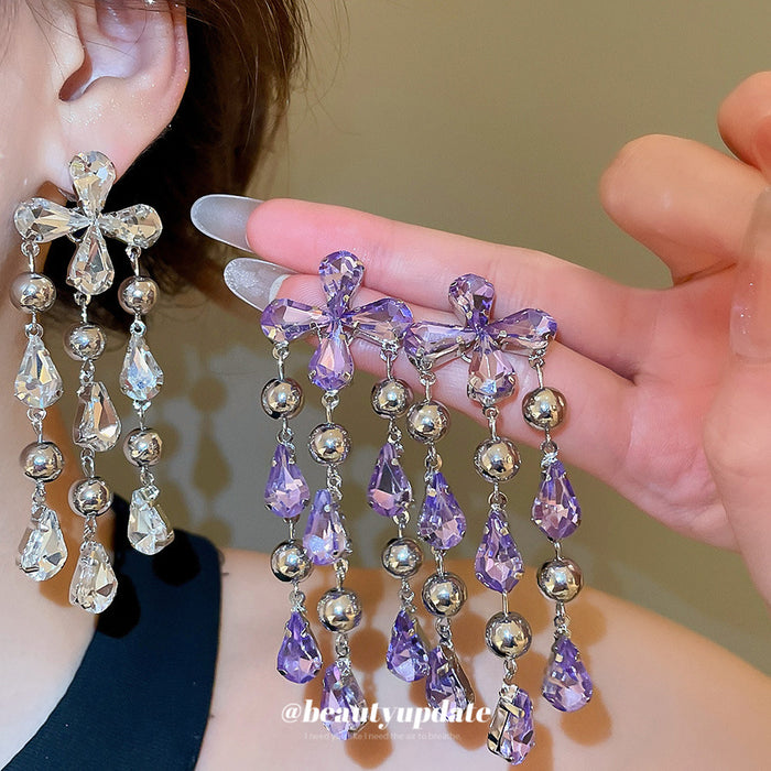 Purple Bow Crystal Waterfall Stud Earrings With Decorative Metal Accents