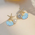 Starfish Shell and Pearl Stud Earrings in Gold Tone view 2