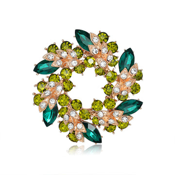 Multicolor Crystal Leaf Wreath Brooch with Floral Accents